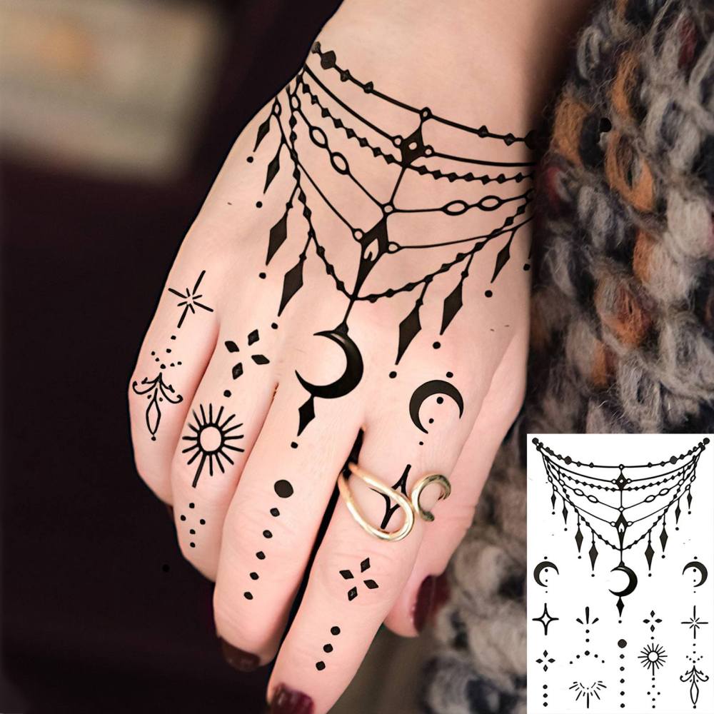 1 Sheet Moon Henna Temporary Tattoos For Women Men Adults Hands Finger Foot Neck Clavicle Legs Thigh Forearm Shank Arm Body Art Makeup, Semi Permanent Temp Fake Tattoo Stickers Waterproof Long Lasting Realistic Tatoos For Festival Party Accessory