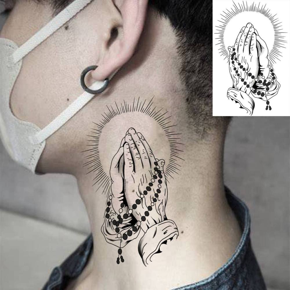 1 Sheet Pray Temporary Tattoos For Women Men Adults Hands Finger Foot Neck Clavicle Legs Thigh Forearm Shank Arm Body Art Makeup, Semi Permanent Temp Fake Tattoo Stickers Waterproof Long Lasting Realistic Tatoos For Festival Party Accessory