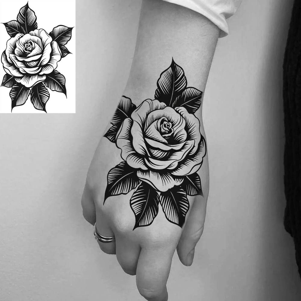 1 Sheet Rose Flower Temporary Tattoos For Women Men Adults Hands Finger Foot Neck Clavicle Legs Thigh Forearm Shank Arm Body Art Makeup, Semi Permanent Temp Fake Tattoo Stickers Waterproof Long Lasting Realistic Tatoos For Festival Party Accessory
