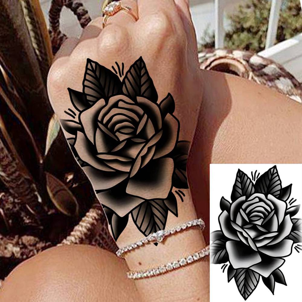 1 Sheet Rose Temporary Tattoos For Women Men Adults Hands Finger Foot Neck Clavicle Legs Thigh Forearm Shank Arm Body Art Makeup, Semi Permanent Temp Fake Tattoo Stickers Waterproof Long Lasting Realistic Tatoos For Festival Party Accessory