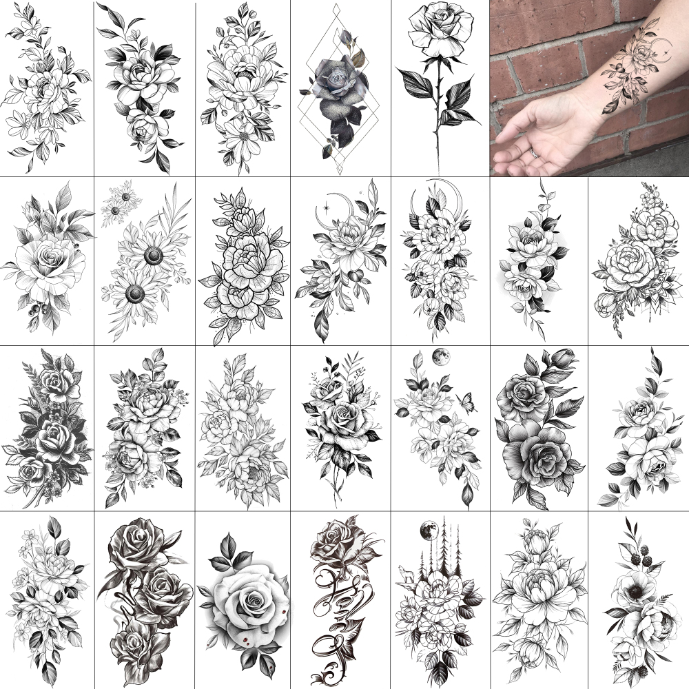 52 Sheets Y2k Rose Flower Temporary Tattoos For Women Men Adults Hands Finger Foot Neck Clavicle Legs Thigh Forearm Shank Arm Body Art Makeup, Semi Permanent Temp Fake Tattoo Stickers Waterproof Long Lasting Realistic Tatoos For Festival Party Accessory