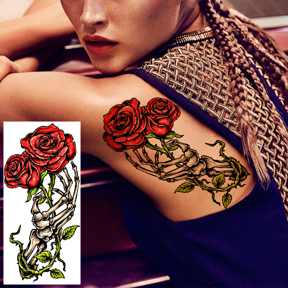 10 Sheets Rose Flower Temporary Tattoos For Women Men Adults Hands Finger Foot Neck Clavicle Shank Arm Body Art Makeup, Semi Permanent Temp Fake Tattoo Stickers Waterproof Long Lasting Realistic Tatoos For Festival Party Accessory