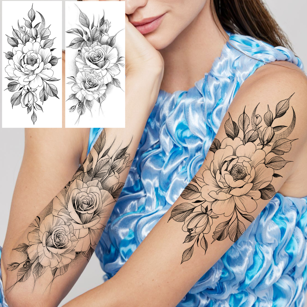 10 Sheets Rose Flower Temporary Tattoos For Women Men Adults Hands Finger Foot Neck Clavicle Shank Arm Body Art Makeup, Semi Permanent Temp Fake Tattoo Stickers Waterproof Long Lasting Realistic Tatoos For Festival Party Accessory