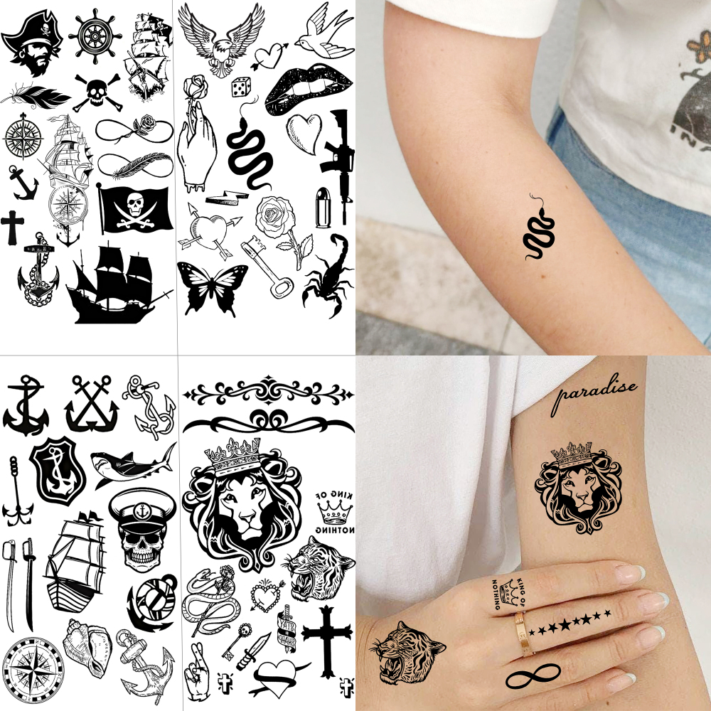 15 Sheets Skull Anchor Temporary Tattoos For Women Men Adults Hands Finger Foot Neck Clavicle Shank Arm Body Art Makeup, Semi Permanent Temp Fake Tattoo Stickers Waterproof Long Lasting Realistic Tatoos For Festival Party Accessory