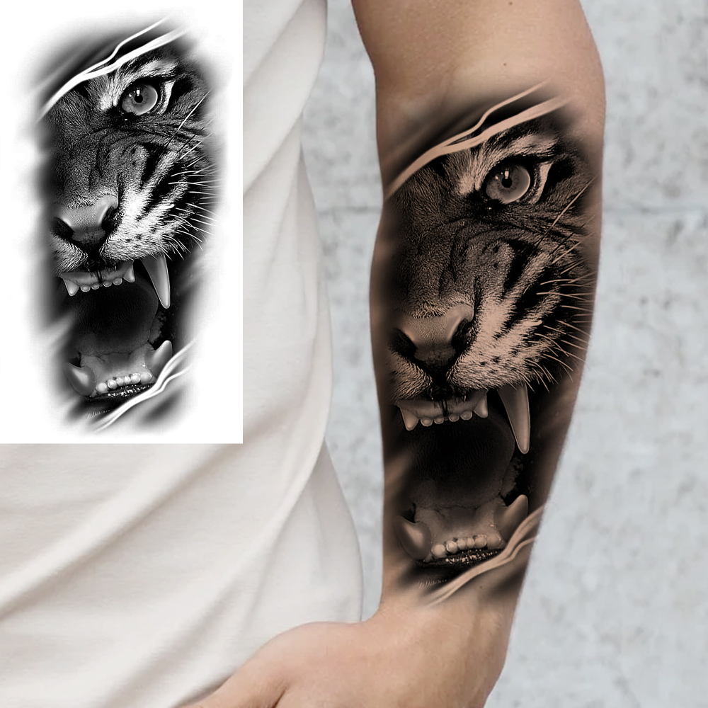 8 Sheets Tiger Temporary Tattoos For Women Men Adults Hands Finger Foot Neck Clavicle Shank Arm Body Art Makeup, Semi Permanent Temp Fake Tattoo Stickers Waterproof Long Lasting Realistic Tatoos For Festival Party Accessory