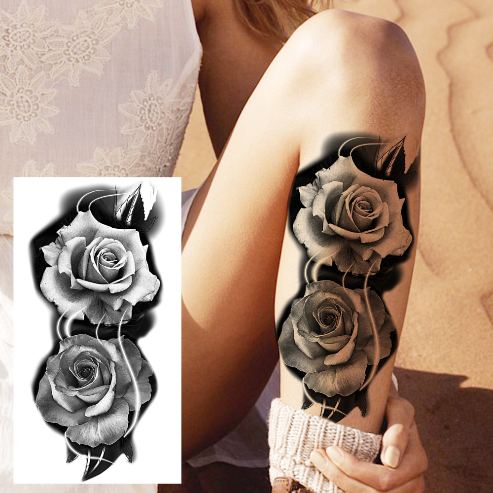 8 Sheets Flower Rose Temporary Tattoos For Women Men Adults Hands Finger Foot Neck Clavicle Shank Arm Body Art Makeup, Semi Permanent Temp Fake Tattoo Stickers Waterproof Long Lasting Realistic Tatoos For Festival Party Accessory