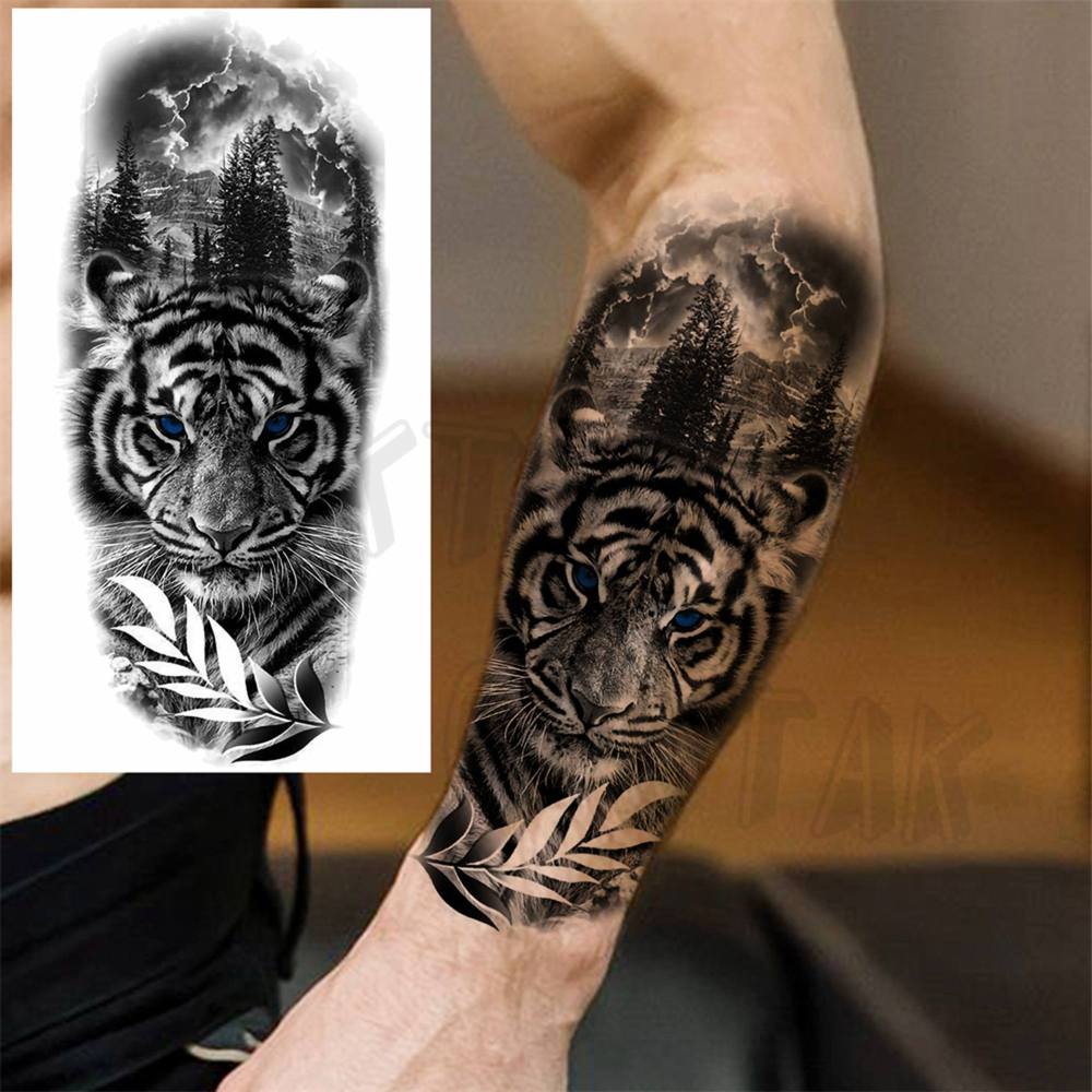 8 Sheets Tiger Lion Temporary Tattoos For Women Men Adults Hands Finger Foot Neck Clavicle Shank Arm Body Art Makeup, Semi Permanent Temp Fake Tattoo Stickers Waterproof Long Lasting Realistic Tatoos For Festival Party Accessory