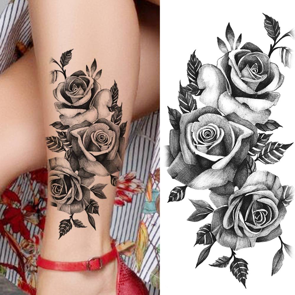 8 Sheets Rose Flowers Temporary Tattoos For Women Men Adults Hands Finger Foot Neck Clavicle Shank Arm Body Art Makeup, Semi Permanent Temp Fake Tattoo Stickers Waterproof Long Lasting Realistic Tatoos For Festival Party Accessory