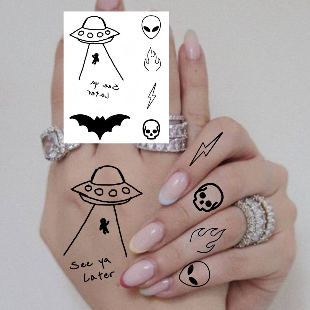 1 Sheet Y2k ufo alien Temporary Tattoos For Women Men Adults Hands Finger Foot Neck Clavicle Legs Thigh Forearm Shank Arm Body Art Makeup, Semi Permanent Temp Fake Tattoo Stickers Waterproof Long Lasting Realistic Tatoos For Festival Party Accessory