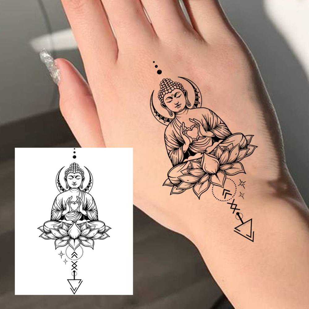 1 Sheet Y2k Buddha Temporary Tattoos For Women Men Adults Hands Finger Foot Neck Clavicle Legs Thigh Forearm Shank Arm Body Art Makeup, Semi Permanent Temp Fake Tattoo Stickers Waterproof Long Lasting Realistic Tatoos For Festival Party Accessory