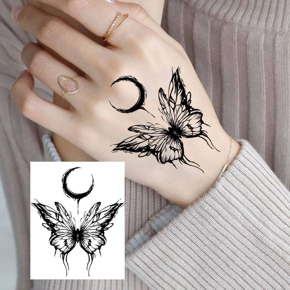 1 Sheet Y2k Butterlfy Moon Temporary Tattoos For Women Men Adults Hands Finger Foot Neck Clavicle Legs Thigh Forearm Shank Arm Body Art Makeup, Semi Permanent Temp Fake Tattoo Stickers Waterproof Long Lasting Realistic Tatoos For Festival Party Accessory