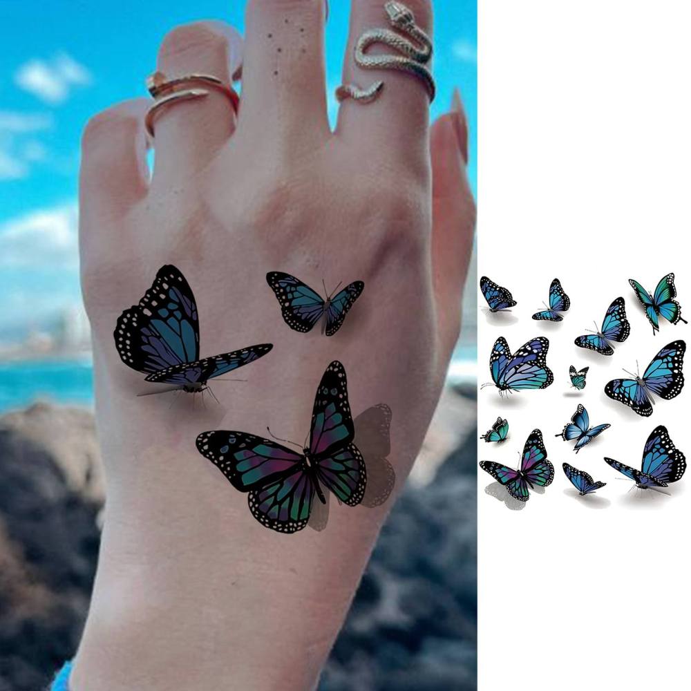 1 Sheet Butterfly Temporary Tattoos For Women Men Adults Hands Finger Foot Neck Clavicle Legs Thigh Forearm Shank Arm Body Art Makeup, Semi Permanent Temp Fake Tattoo Stickers Waterproof Long Lasting Realistic Tatoos For Festival Party Accessory