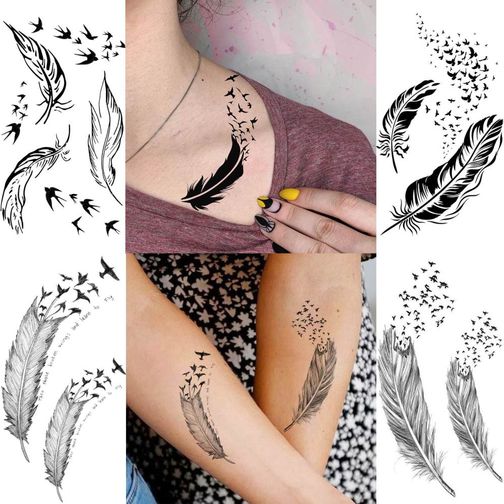 15 Sheets Y2k Feahter Temporary Tattoos For Women Men Adults Hands Finger Foot Neck Clavicle Legs Thigh Forearm Shank Arm Body Art Makeup, Semi Permanent Temp Fake Tattoo Stickers Waterproof Long Lasting Realistic Tatoos For Festival Party Accessory