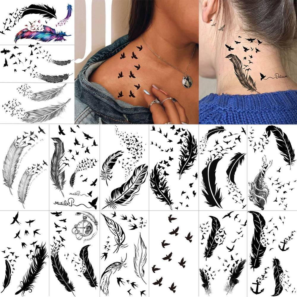 15 Sheets Y2k Feahter Temporary Tattoos For Women Men Adults Hands Finger Foot Neck Clavicle Legs Thigh Forearm Shank Arm Body Art Makeup, Semi Permanent Temp Fake Tattoo Stickers Waterproof Long Lasting Realistic Tatoos For Festival Party Accessory