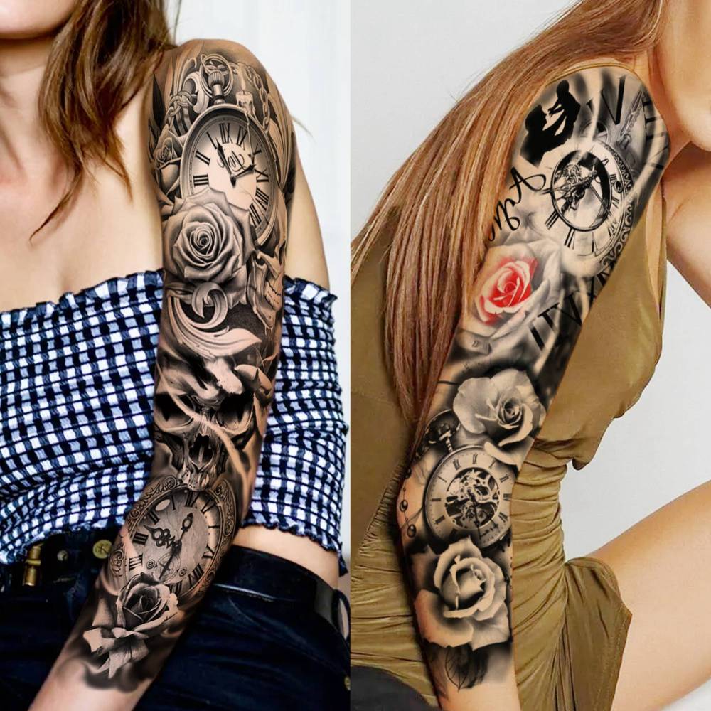 8 Sheets Full Arm Flower Rose Temporary Tattoos For Women Men Adults Hands Finger Foot Neck Clavicle Legs Thigh Arm Body Art Makeup, Semi Permanent Temp Fake Tattoo Stickers Waterproof Long Lasting Realistic Tatoos For Festival Party Accessory