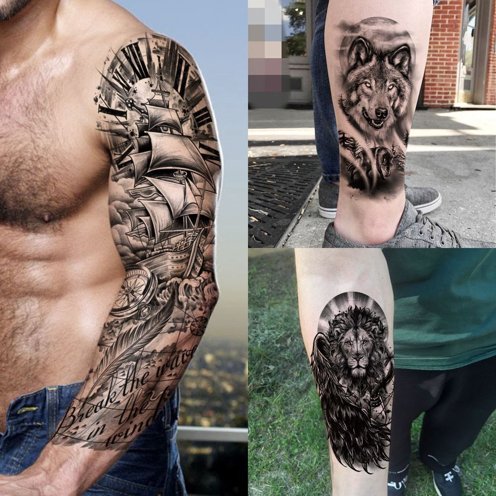 20 Sheets Full Arm Sleeve Wolf Temporary Tattoos For Women Men Adults Hands Finger Foot Neck Clavicle Legs Thigh Arm Body Art Makeup, Semi Permanent Temp Fake Tattoo Stickers Waterproof Long Lasting Realistic Tatoos For Festival Party Accessory