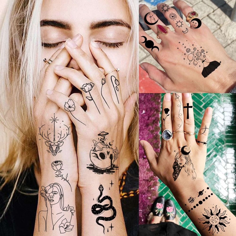 28 Sheets Y2k Abstract Minimalism Temporary Tattoos For Women Men Adults Hands Finger Foot Neck Clavicle Shank Arm Body Art Makeup, Semi Permanent Temp Fake Tattoo Stickers Waterproof Long Lasting Realistic Tatoos For Festival Party Accessory