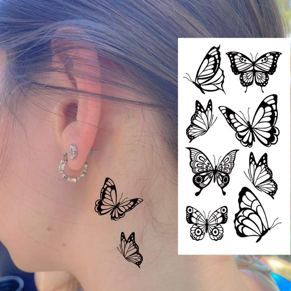 8 Sheets Y2k Butterfly Temporary Tattoos For Women Men Adults Hands Finger Foot Neck Clavicle Legs Thigh Arm Body Art Makeup, Semi Permanent Temp Fake Tattoo Stickers Waterproof Long Lasting Realistic Tatoos For Festival Party Accessory