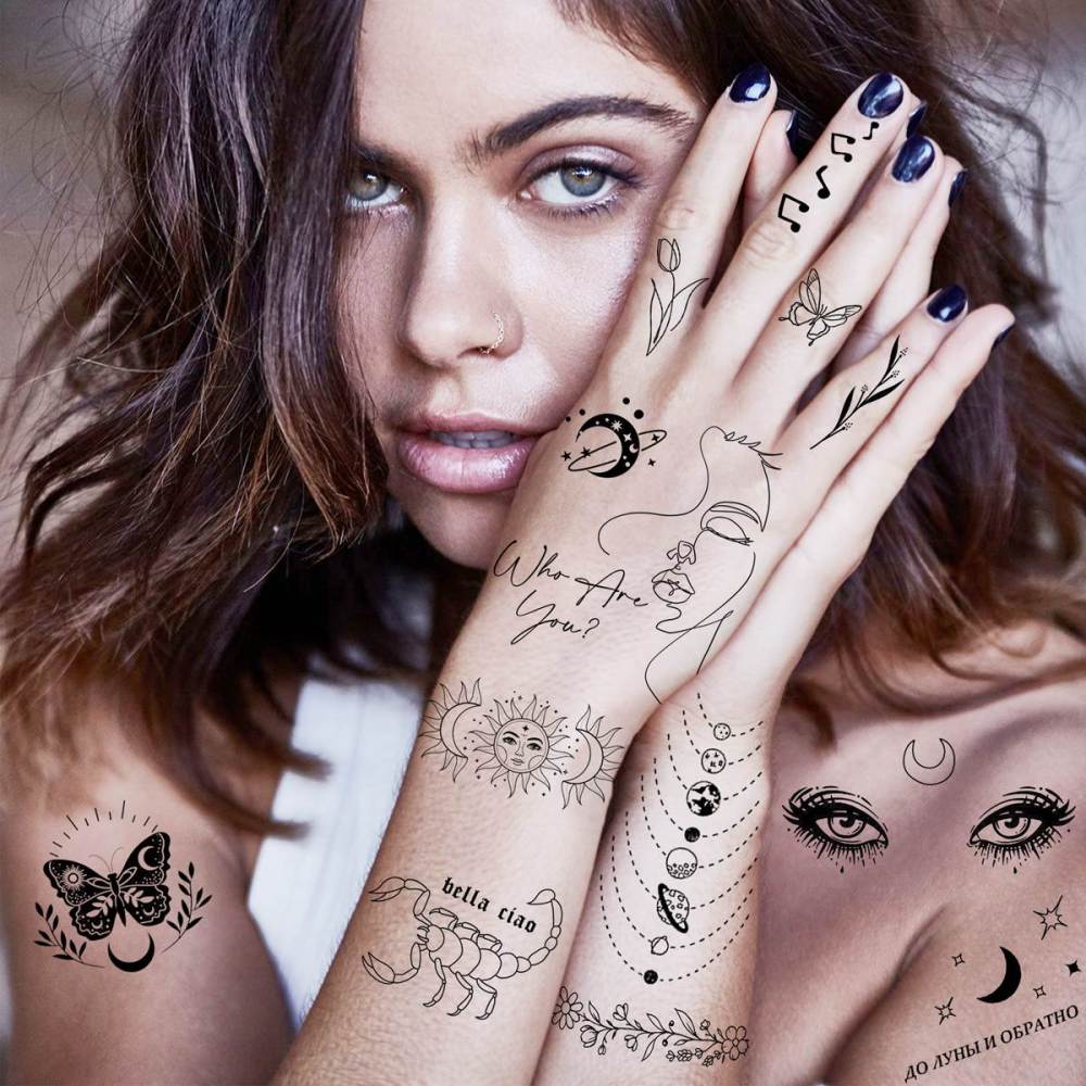 28 Sheets Y2k Abstract Minimalism Temporary Tattoos For Women Men Adults Hands Finger Foot Neck Clavicle Shank Arm Body Art Makeup, Semi Permanent Temp Fake Tattoo Stickers Waterproof Long Lasting Realistic Tatoos For Festival Party Accessory