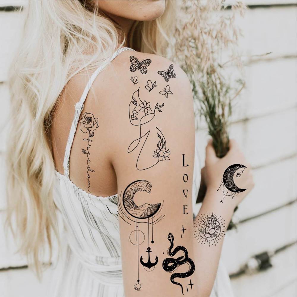 28 Sheets Y2k Abstract Minimalism Temporary Tattoos For Women Men Adults Hands Finger Foot Neck Clavicle Shank Arm Body Art Makeup, Semi Permanent Temp Fake Tattoo Stickers Waterproof Long Lasting Realistic Tatoos For Festival Party Accessory