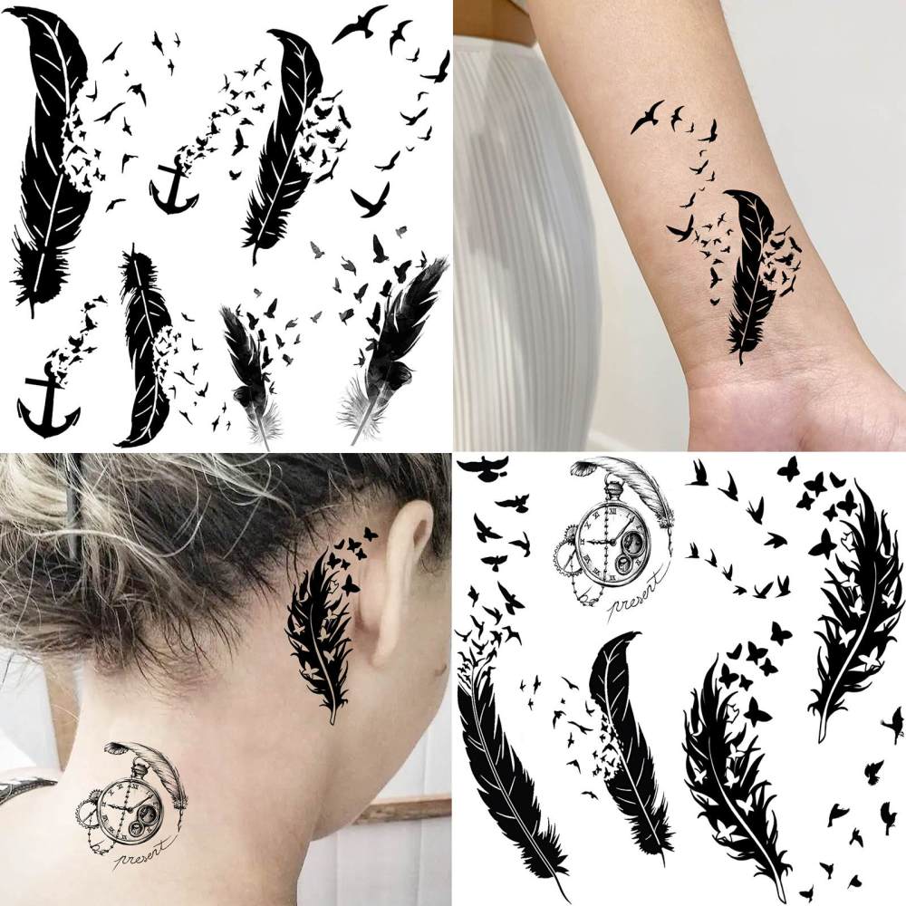 15 Sheets Y2k Feahter Temporary Tattoos For Women Men Adults Hands Finger Foot Neck Clavicle Legs Thigh Forearm Shank Arm Body Art Makeup, Semi Permanent Temp Fake Tattoo Stickers Waterproof Long Lasting Realistic Tatoos For Festival Party Accessory