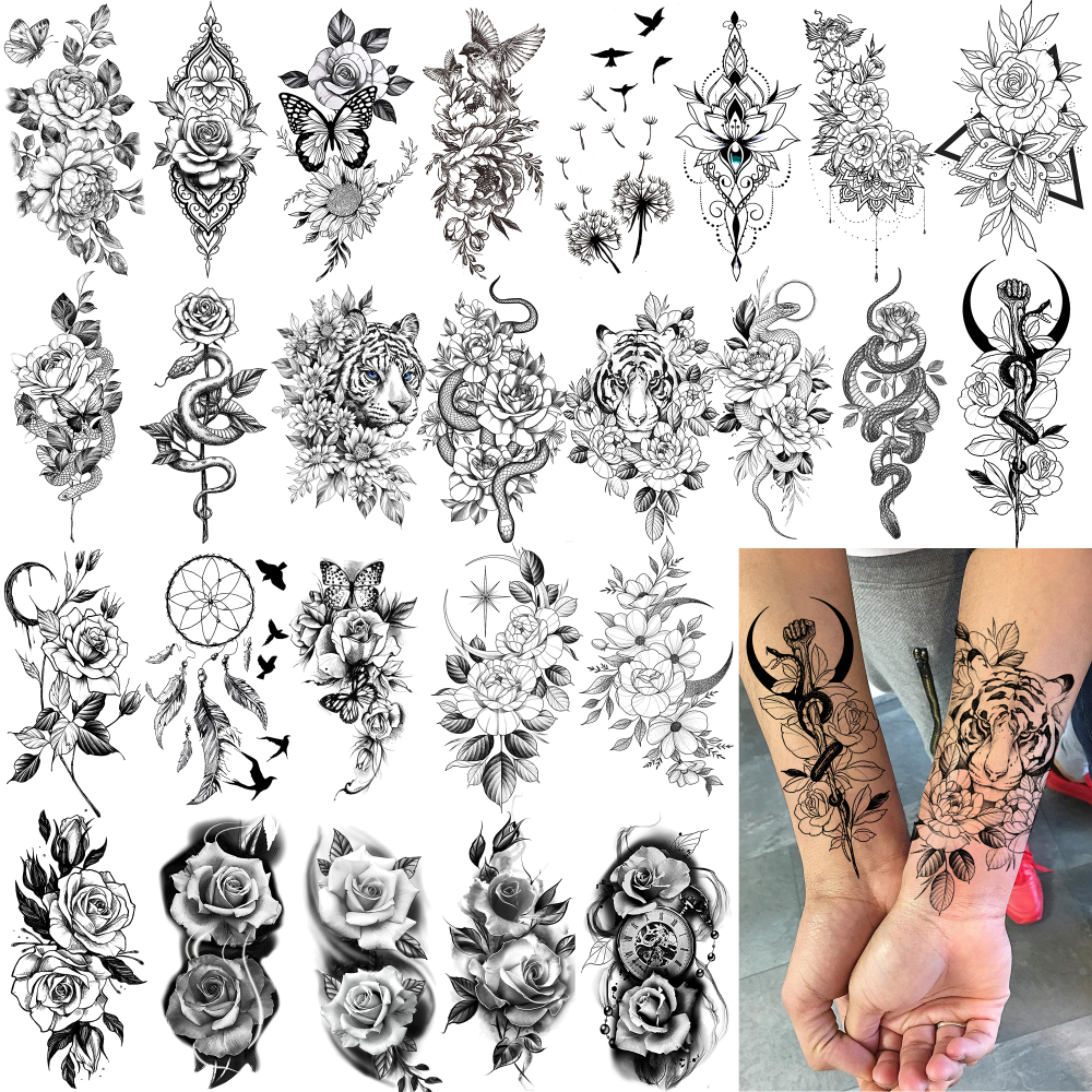 52 Sheets Y2k Rose Flower Temporary Tattoos For Women Men Adults Hands Finger Foot Neck Clavicle Legs Thigh Forearm Shank Arm Body Art Makeup, Semi Permanent Temp Fake Tattoo Stickers Waterproof Long Lasting Realistic Tatoos For Festival Party Accessory