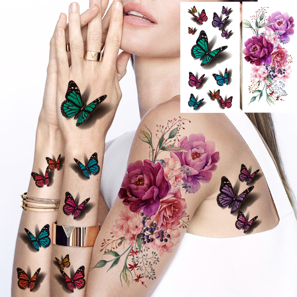 10 Sheets Rose Flower Temporary Tattoos For Women Men Adults Hands Finger Foot Neck Clavicle Shank Arm Body Art Makeup, Semi Permanent Temp Fake Tattoo Stickers Waterproof Long Lasting Realistic Tatoos For Festival Party Accessory