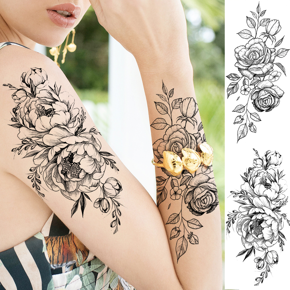 10 Sheets Rose Flower Temporary Tattoos For Women Men Adults Hands Finger Foot Neck Clavicle Shank Arm Body Art Makeup, Semi Permanent Temp Fake Tattoo Stickers Waterproof Long Lasting Realistic Tatoos For Festival Party Accessory