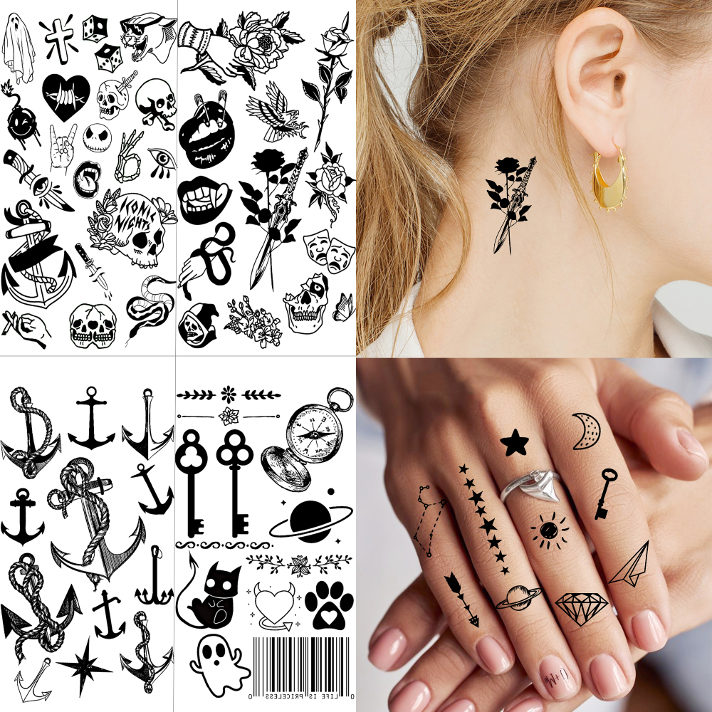 15 Sheets Skull Anchor Temporary Tattoos For Women Men Adults Hands Finger Foot Neck Clavicle Shank Arm Body Art Makeup, Semi Permanent Temp Fake Tattoo Stickers Waterproof Long Lasting Realistic Tatoos For Festival Party Accessory