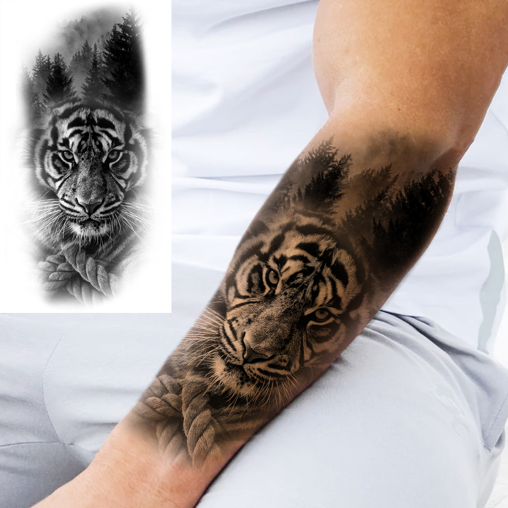 8 Sheets Tiger Temporary Tattoos For Women Men Adults Hands Finger Foot Neck Clavicle Shank Arm Body Art Makeup, Semi Permanent Temp Fake Tattoo Stickers Waterproof Long Lasting Realistic Tatoos For Festival Party Accessory