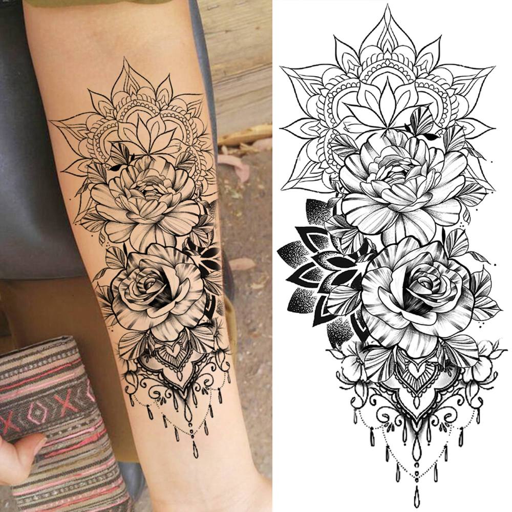 8 Sheets Rose Flowers Temporary Tattoos For Women Men Adults Hands Finger Foot Neck Clavicle Shank Arm Body Art Makeup, Semi Permanent Temp Fake Tattoo Stickers Waterproof Long Lasting Realistic Tatoos For Festival Party Accessory