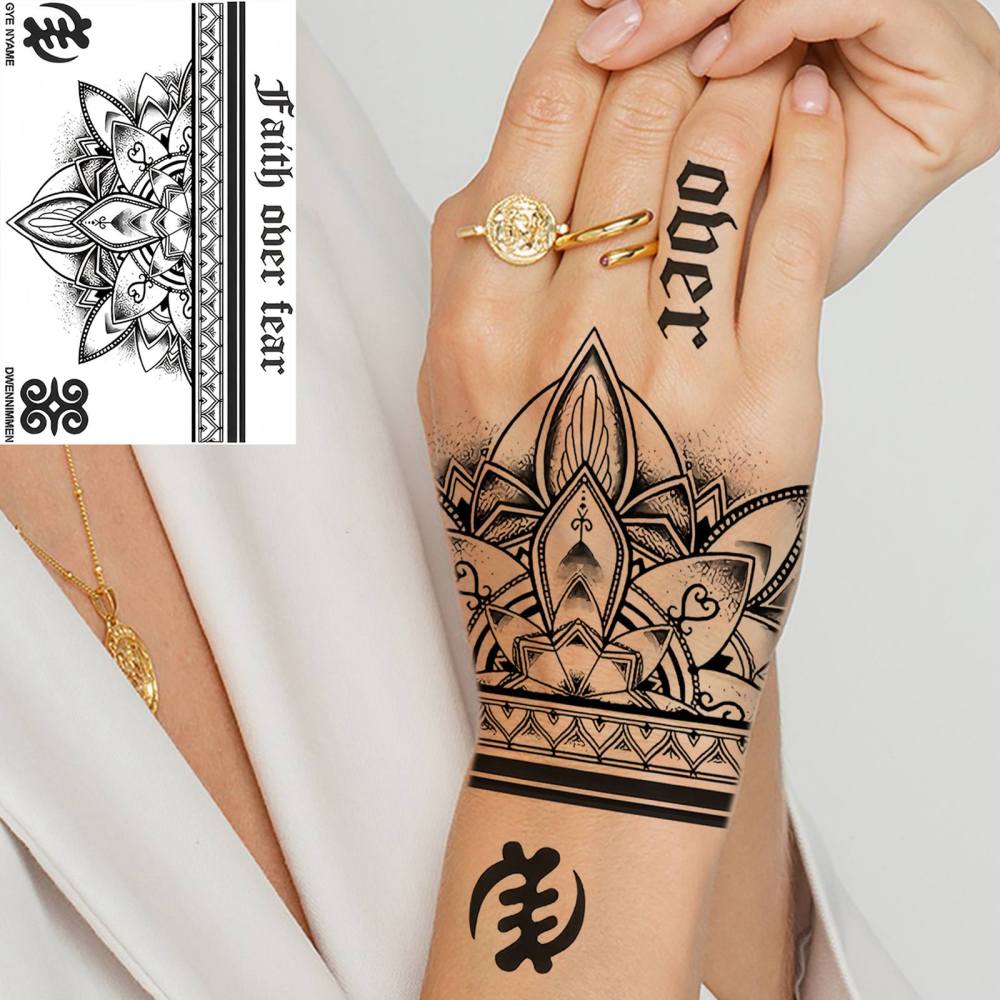 1 Sheet Henna Mandala Temporary Tattoos For Women Men Adults Hands Finger Foot Neck Clavicle Legs Thigh Forearm Shank Arm Body Art Makeup, Semi Permanent Temp Fake Tattoo Stickers Waterproof Long Lasting Realistic Tatoos For Festival Party Accessory
