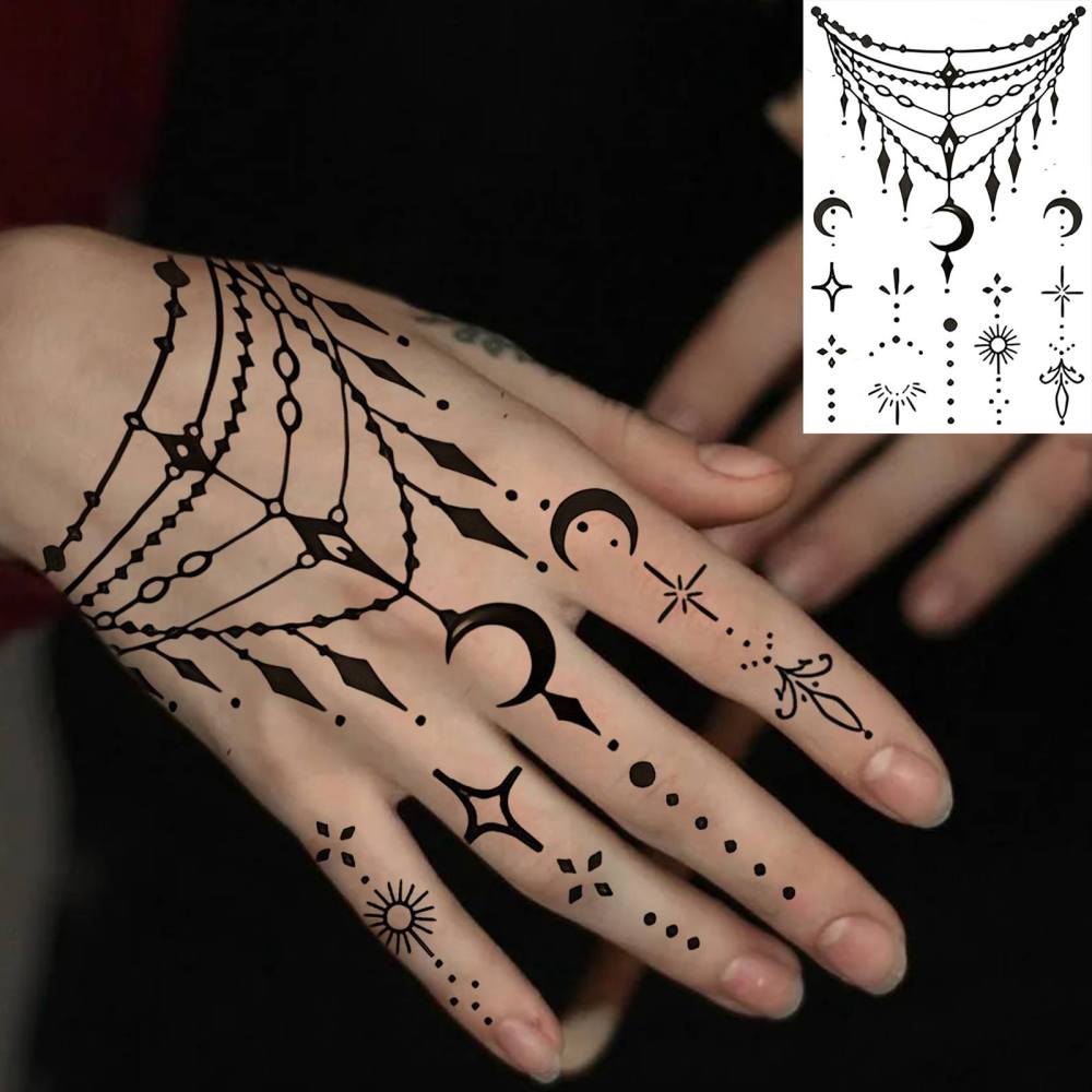 1 Sheet Moon Henna Temporary Tattoos For Women Men Adults Hands Finger Foot Neck Clavicle Legs Thigh Forearm Shank Arm Body Art Makeup, Semi Permanent Temp Fake Tattoo Stickers Waterproof Long Lasting Realistic Tatoos For Festival Party Accessory