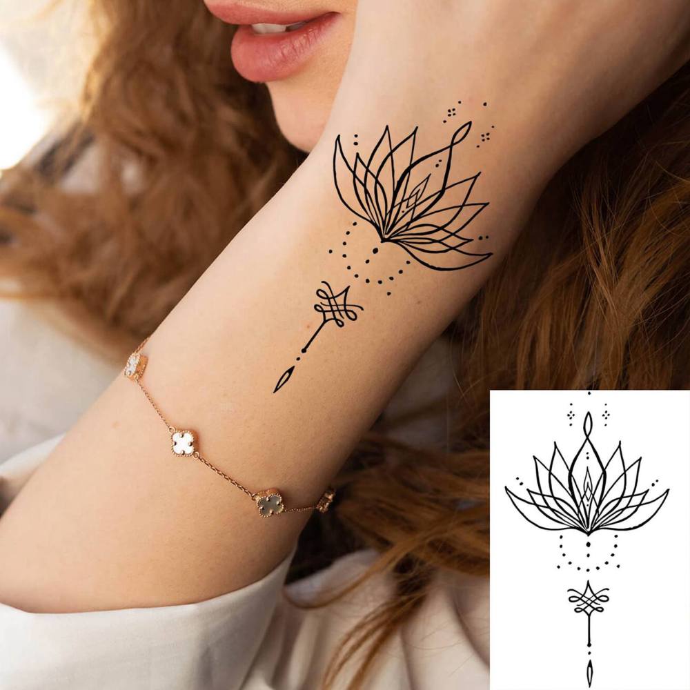 1 Sheet Lotus Temporary Tattoos For Women Men Adults Hands Finger Foot Neck Clavicle Legs Thigh Forearm Shank Arm Body Art Makeup, Semi Permanent Temp Fake Tattoo Stickers Waterproof Long Lasting Realistic Tatoos For Festival Party Accessory
