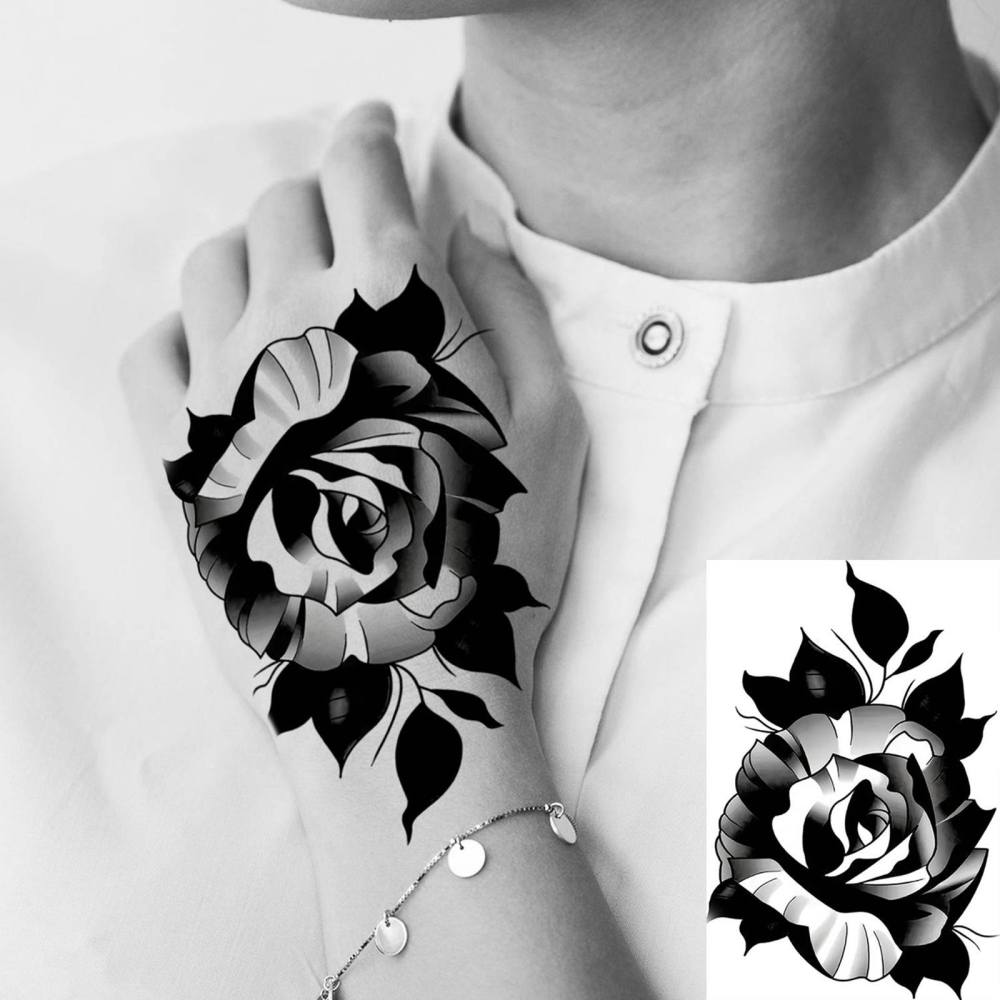 1 Sheet Rose Flower Temporary Tattoos For Women Men Adults Hands Finger Foot Neck Clavicle Legs Thigh Forearm Shank Arm Body Art Makeup, Semi Permanent Temp Fake Tattoo Stickers Waterproof Long Lasting Realistic Tatoos For Festival Party Accessory