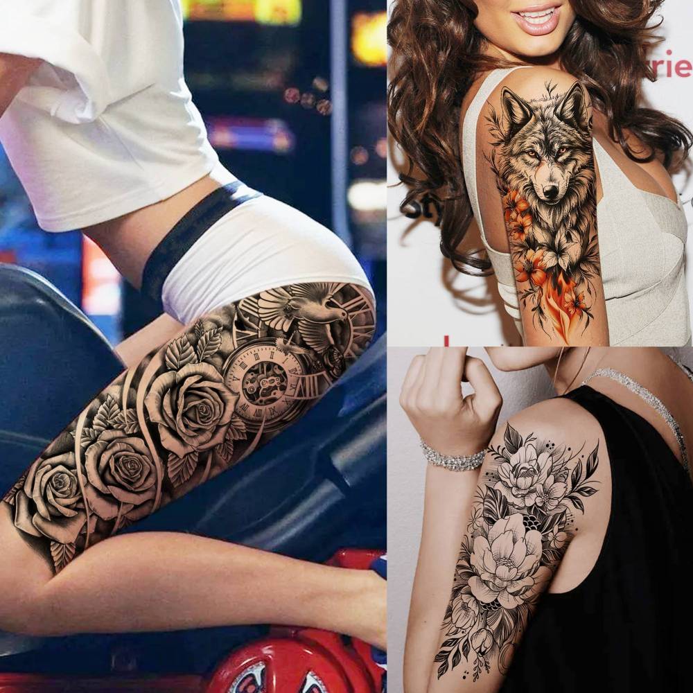 8 Sheets Full Arm Flower Rose Temporary Tattoos For Women Men Adults Hands Finger Foot Neck Clavicle Legs Thigh Arm Body Art Makeup, Semi Permanent Temp Fake Tattoo Stickers Waterproof Long Lasting Realistic Tatoos For Festival Party Accessory