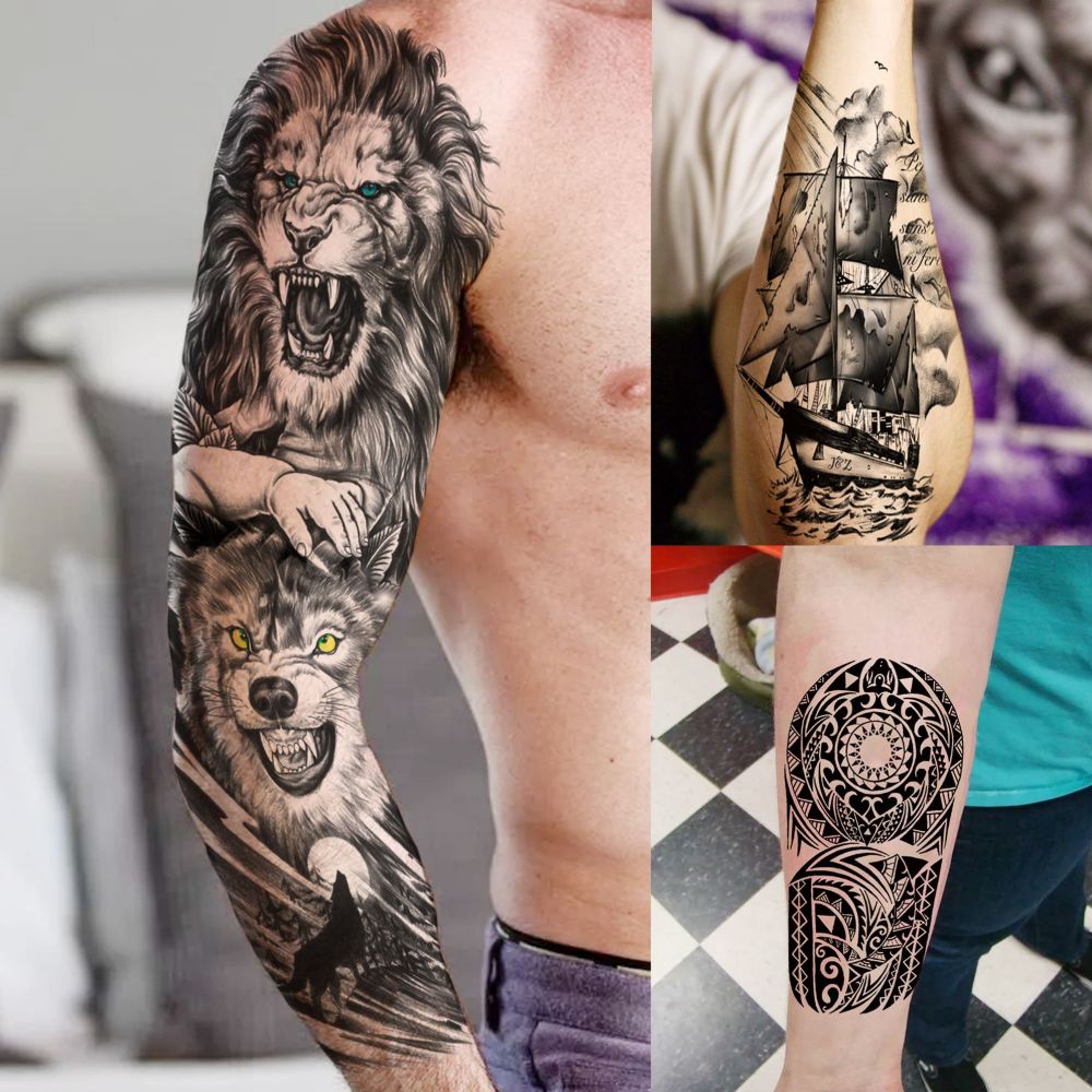 20 Sheets Full Arm Sleeve Wolf Temporary Tattoos For Women Men Adults Hands Finger Foot Neck Clavicle Legs Thigh Arm Body Art Makeup, Semi Permanent Temp Fake Tattoo Stickers Waterproof Long Lasting Realistic Tatoos For Festival Party Accessory