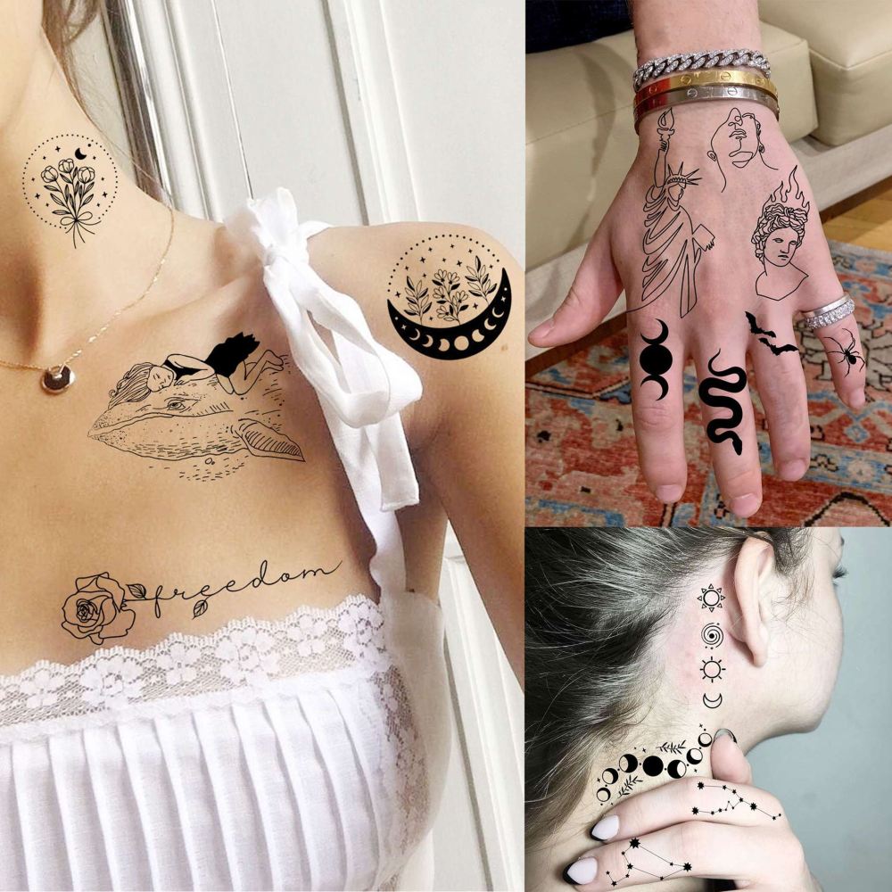 28 Sheets Y2k Abstract Minimalism Temporary Tattoos For Women Men Adults Hands Finger Foot Neck Clavicle Shank Arm Body Art Makeup, Semi Permanent Temp Fake Tattoo Stickers Waterproof Long Lasting Realistic Tatoos For Festival Party Accessory