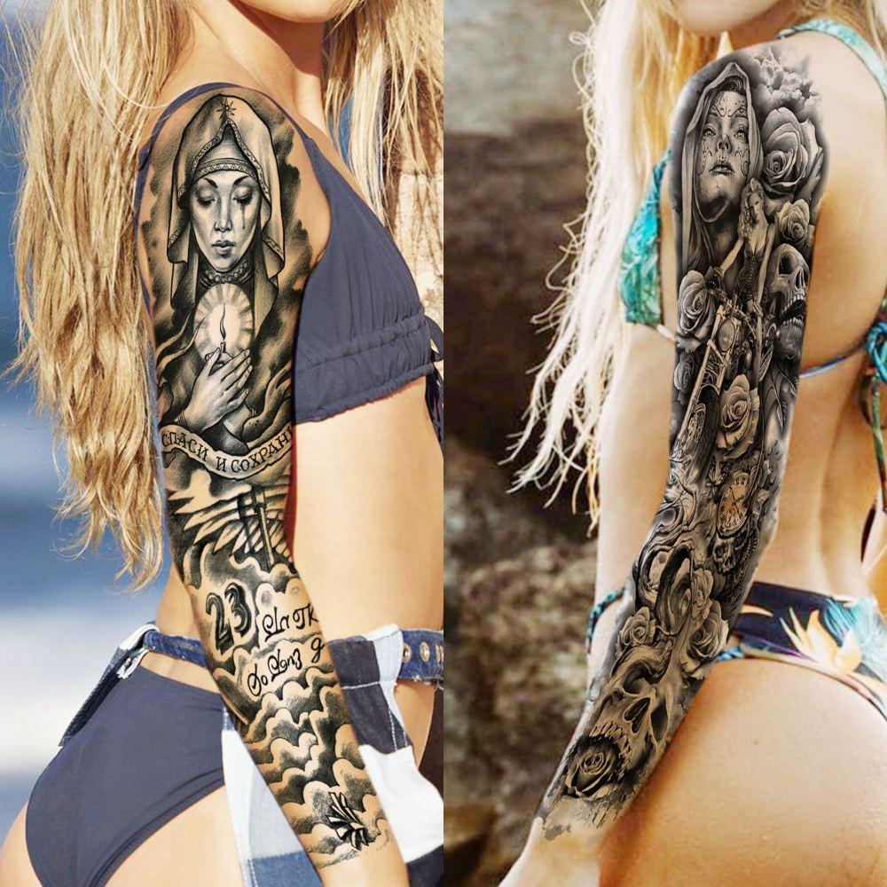 20 Sheets Full Arm Sleeve Nun Temporary Tattoos For Women Men Adults Hands Finger Foot Neck Clavicle Legs Thigh Arm Body Art Makeup, Semi Permanent Temp Fake Tattoo Stickers Waterproof Long Lasting Realistic Tatoos For Festival Party Accessory