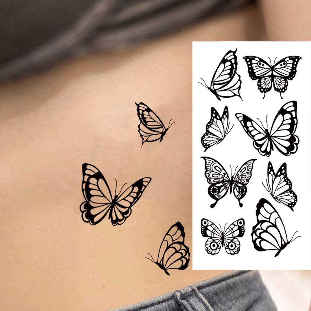 8 Sheets Y2k Butterfly Temporary Tattoos For Women Men Adults Hands Finger Foot Neck Clavicle Legs Thigh Arm Body Art Makeup, Semi Permanent Temp Fake Tattoo Stickers Waterproof Long Lasting Realistic Tatoos For Festival Party Accessory
