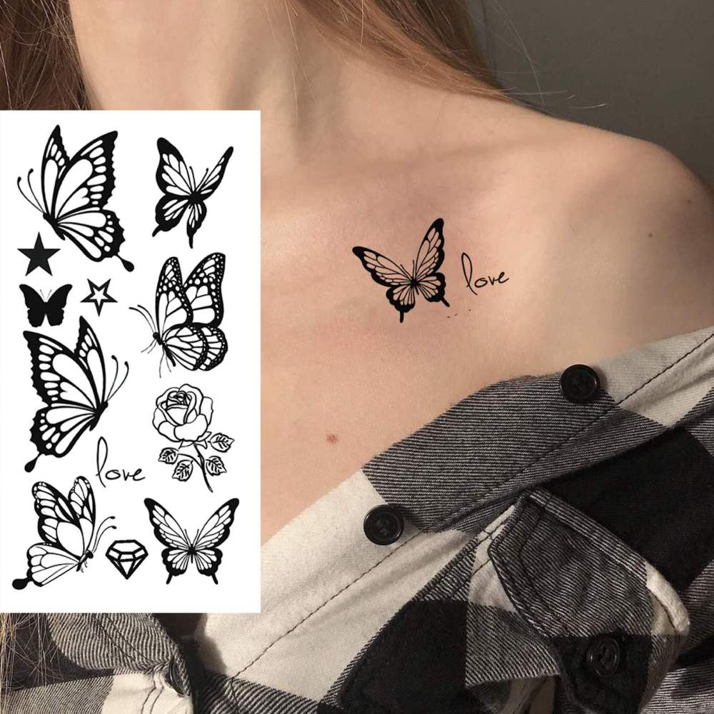 8 Sheets Y2k Butterfly Temporary Tattoos For Women Men Adults Hands Finger Foot Neck Clavicle Legs Thigh Arm Body Art Makeup, Semi Permanent Temp Fake Tattoo Stickers Waterproof Long Lasting Realistic Tatoos For Festival Party Accessory