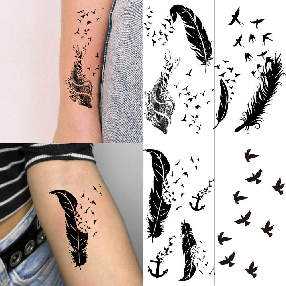 15 Sheets Y2k Feahter Temporary Tattoos For Women Men Adults Hands Finger Foot Neck Clavicle Legs Thigh Forearm Shank Arm Body Art Makeup, Semi Permanent Temp Fake Tattoo Stickers Waterproof Long Lasting Realistic Tatoos For Festival Party Accessory