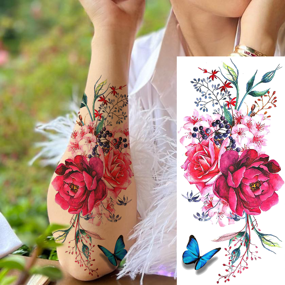 10 Sheets Rose Flower Temporary Tattoos For Women Men Adults Hands Finger Foot Neck Clavicle Shank Arm Body Art Makeup, Semi Permanent Temp Fake Tattoo Stickers Waterproof Long Lasting Realistic Tatoos For Festival Party Accessory