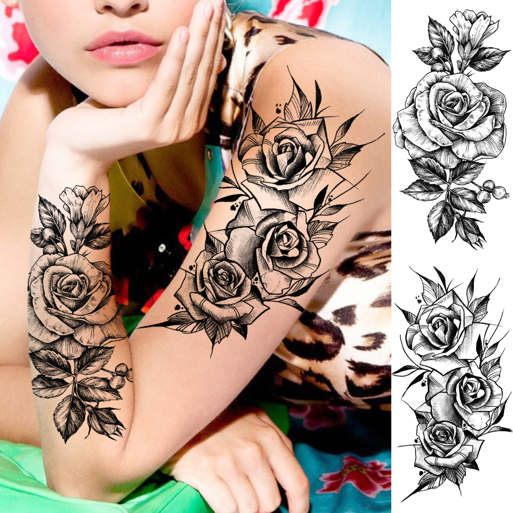 10 Sheets Rose Flower Temporary Tattoos For Women Men Adults Hands Finger Foot Neck Clavicle Shank Arm Body Art Makeup, Semi Permanent Temp Fake Tattoo Stickers Waterproof Long Lasting Realistic Tatoos For Festival Party Accessory