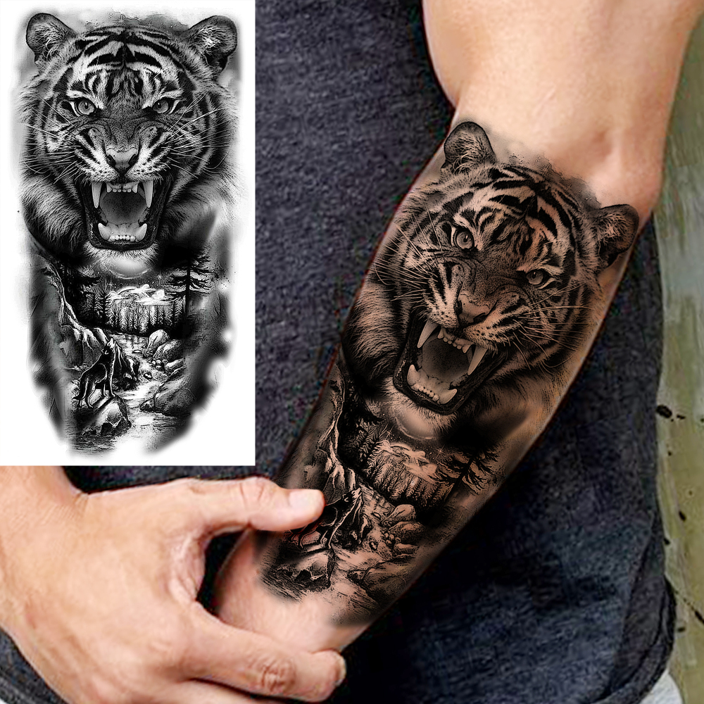 8 Sheets Tiger Temporary Tattoos For Women Men Adults Hands Finger Foot Neck Clavicle Shank Arm Body Art Makeup, Semi Permanent Temp Fake Tattoo Stickers Waterproof Long Lasting Realistic Tatoos For Festival Party Accessory