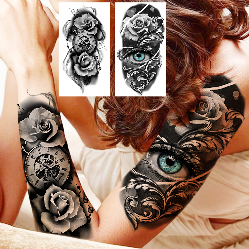 8 Sheets Flower Rose Temporary Tattoos For Women Men Adults Hands Finger Foot Neck Clavicle Shank Arm Body Art Makeup, Semi Permanent Temp Fake Tattoo Stickers Waterproof Long Lasting Realistic Tatoos For Festival Party Accessory