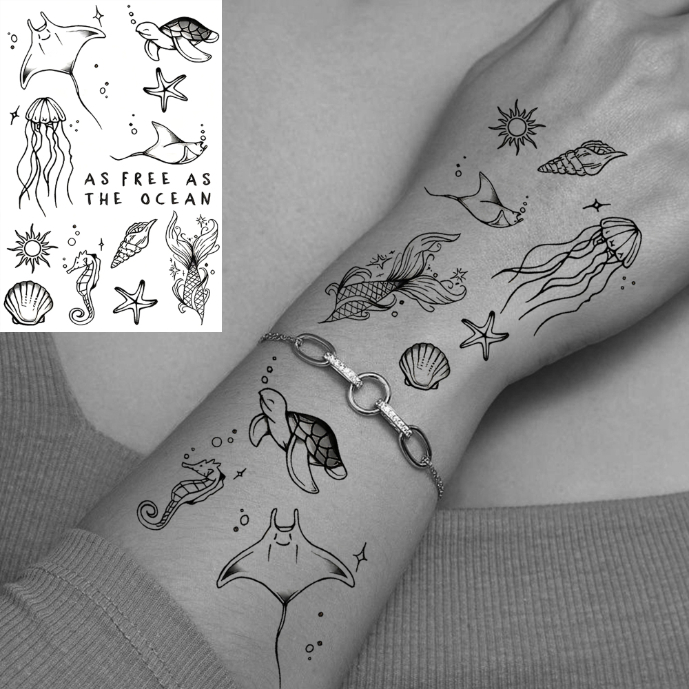 1 Sheet Sea Ocean Animals Temporary Tattoos For Women Men Adults Hands Finger Foot Neck Clavicle Waist Legs Thigh Ankles Forearm Shank Arm Body Art Makeup, Semi-Permanent Temp Fake Tattoo Stickers Waterproof Long Lasting Realistic Tatoos For Festival