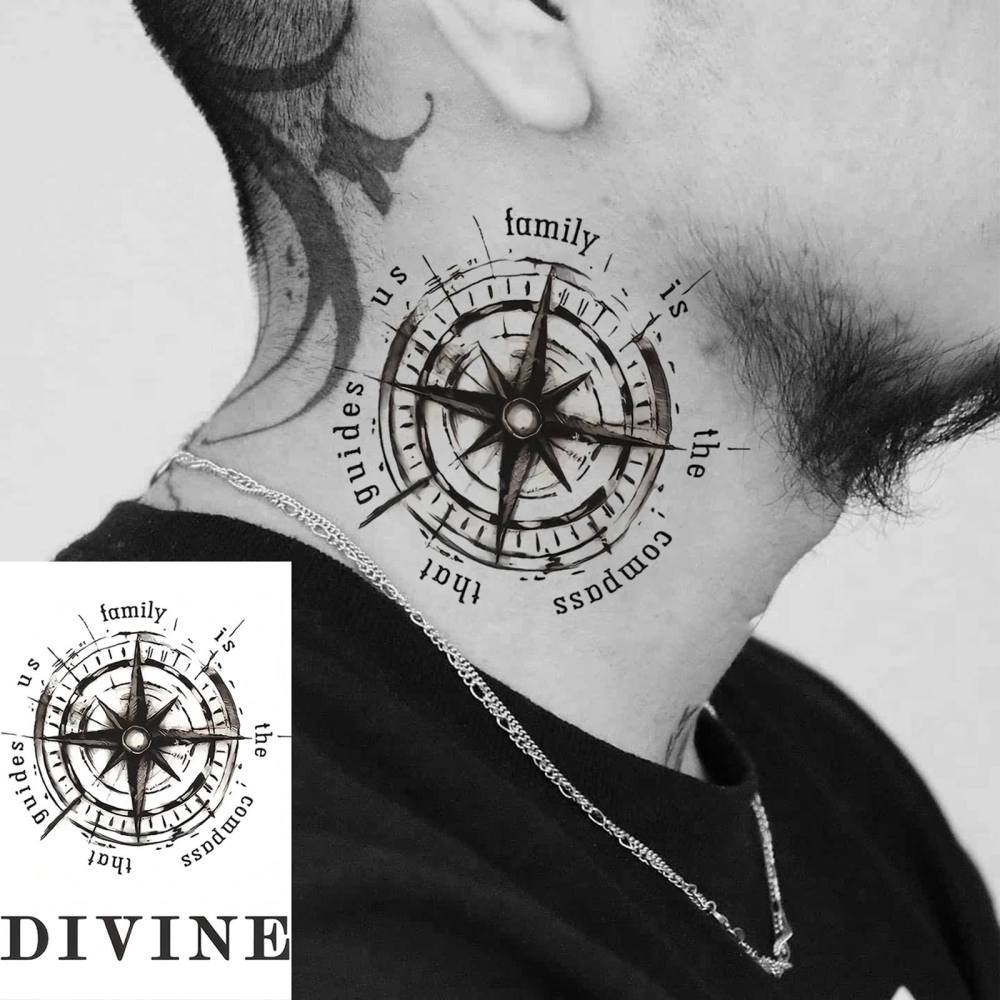 1 Sheet Compass Temporary Tattoos For Women Men Adults Hands Finger Foot Neck Clavicle Legs Thigh Forearm Shank Arm Body Art Makeup, Semi Permanent Temp Fake Tattoo Stickers Waterproof Long Lasting Realistic Tatoos For Festival Party Accessory