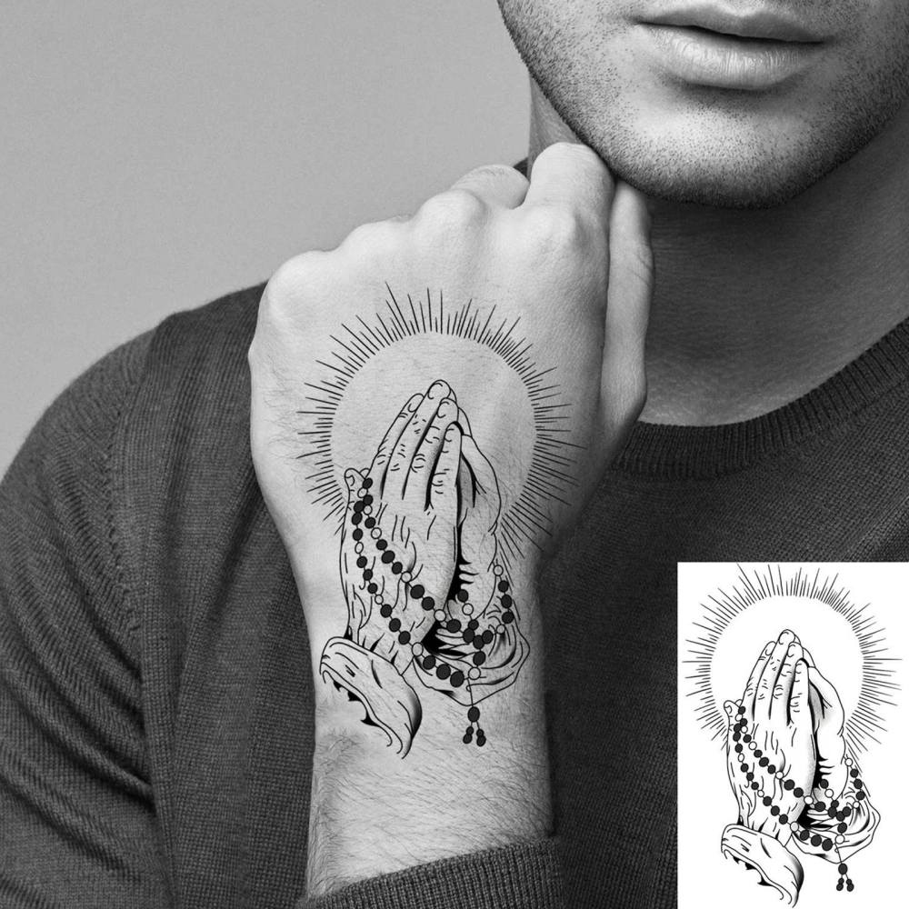 1 Sheet Pray Temporary Tattoos For Women Men Adults Hands Finger Foot Neck Clavicle Legs Thigh Forearm Shank Arm Body Art Makeup, Semi Permanent Temp Fake Tattoo Stickers Waterproof Long Lasting Realistic Tatoos For Festival Party Accessory