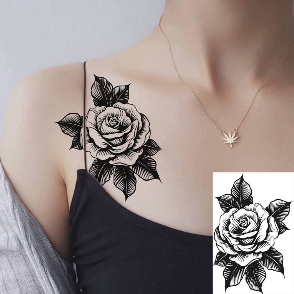 1 Sheet Rose Flower Temporary Tattoos For Women Men Adults Hands Finger Foot Neck Clavicle Legs Thigh Forearm Shank Arm Body Art Makeup, Semi Permanent Temp Fake Tattoo Stickers Waterproof Long Lasting Realistic Tatoos For Festival Party Accessory